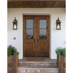 a wooden door with two planters on the steps