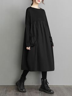 Sku CY-!96828 Material 50%Cotton , Polyester Style Loose , Long Sleeves Feature Split-joint , Solid Color Occasion Casual , Simple Seasons Spring , Autumn Type Midi Dresses Color BLACK Size L,XL Please consult the size chart we provide for this item's measurements to help you decide which size to buy.Please note: There may be 1-3cm differ due to manual measurement. CMINCH Bust Raglan Sleeve Length L 140 65 97 XL 142 67 99 Black Long Sleeve Midi Dress, Neck Wrinkles, Simple Black Dress, Langer Rock, High Waist Dress, Mode Inspo, Long Sleeve Midi, Long Sleeve Midi Dress, Solid Dress