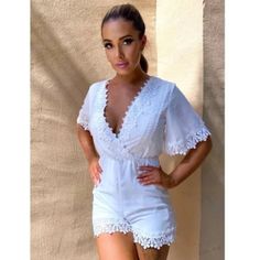 White Crochet Lace Trim Short Sleeve V-Neck Romper Playsuit Short Sleeve V-Neck Crochet Lace Trim Approximate Length Is 29 Inches For Size Small & Size 4 100% Viscose New With Tag Size S = 4 Model Is Wearing Size S If You Have Any Questions, Please Let Me Know Thank You For Stopping By My Boutique To Read Reviews; Go To My Boutique Page By Clicking On My Username, Then Click On About And Then Scroll To Received Love Notes Romper, Lace Romper, Vneck Romper, Short Sleeve Romper, Short Sleeve Vneck Cheap White V-neck Jumpsuits And Rompers, Club Outfit Fall, Lace Playsuit, Chambray Romper, White Lace Romper, Crochet Romper, White Playsuit, Cocktail Outfit, Lace Trim Shorts