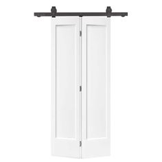 an open white door with black hardware on the top and bottom panel, against a white background