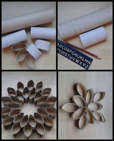 four pictures showing different types of paper flowers and rolls of tape on a table top