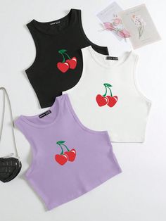 Multicolor Casual Collar  Knitted Fabric Figure,Letter,Fruit&Vegetable Tank Embellished High Stretch Summer Women Clothing Teen Outfits, Fasion Outfits, Women Tank Tops, Top For Summer, Cherry Print, Workout Tank Tops, Tank Top Cami, Kids Beachwear, Cute Tops