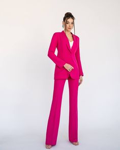 2-piece Womens Blazer Trouser Suit for office, business meetings, formal events and special occasions. Also perfectly combines with sneakers so after a long and tiring business day you can change you heels to sneakers and still look chic. DETAILS - flared pants - inseam 37,4 inches or 95 cm - slim fit - high rise - blazer is buttoned - lined - side pockets - slim fit MATERIAL Premium quality suiting fabric, which consists of viscose mostly and polyester+elastane SIZES The models in photos are we Hot Pink Pant Suit Women, Pink Trouser Suit Women, Tailored Pink Blazer For Office Wear, Elegant Tailored Pink Pants, Pink Notch Lapel Blazer For Office, Tailored Pink Pantsuit For Office, Spring Office Wear Pink Pantsuit, Tailored Pink Blazer For Business Casual, Pink Tailored Pantsuit For Office