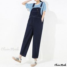 Olivia Mark - Pregnant Womens Stylish Loose-fit Denim Overalls: Fashionable Wide-leg Pants for Casual Wear Straps Jumpsuit, Fitness Activewear, Short Sleeve Jumpsuits, Dark Wear, Jumpsuit With Sleeves, Denim Overalls, Olivia Mark, Dressmaking, Leg Pants