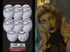 an image of a woman with makeup on her face next to a poster for halloween more night