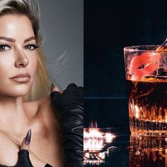 a woman in black gloves next to an image of a glass filled with alcohol and ice