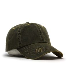 Distressed, Unstructured Soft Crown Low Fitting 6 Panel Cap Features a Dirty Wash, Providing a Vintage Worn-Out Look Pro Stitch on Crown, 6 Embroidered Eyelets and 6 Rows Stitching on Visor Adjustable Velcro Closure One Size Fits Most 100% Herringbone Cotton Distressed Green Cap Hat, Green Distressed Cap, Distressed Green Cap, Distressed Brown Cotton Baseball Cap, Casual Distressed Brown Baseball Cap, Distressed Brown Baseball Cap One Size, Nyc Cap, Hat Aesthetic, 6 Panel Cap