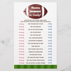 a football themed baby shower game with the words mommy or daddy on it's back