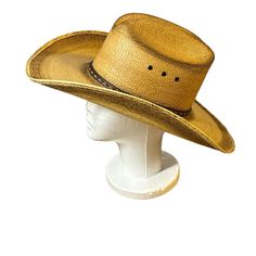 Cowboy Hat Jason Aldeen Collection By Resistol Tan And Brown Leather Band Inside Around Crown Never Worn Like New Size 7-1/8 Vintage Hats For Western-themed Summer Events, Western Straw Hat With Flat Bill For Western-themed Events, Classic Sun Hat One Size For Rodeo, Classic Sun Hat For Rodeo, One Size Fits Most, Classic Sun Hat For Rodeo, One Size, Western Straw Hat With Flat Bill For Country Events, Western Straw Hat For Country Events, Western Panama Hat With Flat Bill For Country Events, Western Straw Hat For Country Events With Flat Bill