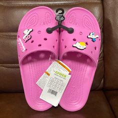 Very Comfortable & Style Slide!!! Brand New Classic Crocs Slide With 4 Jibbtz Size W9 Color: Pink Crocs Slide, Crocs Slides, Teal Shoes, Navy Blue Sandals, Blue Crocs, Classic Crocs, Crocs Pink, Blue Flip Flops, Black Flip Flops