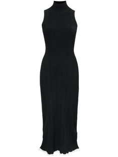 black ribbed knit pointelle knit contrasting trim high neck sleeveless mid-calf length ruffle hem Sleeveless Ribbed Maxi Dress For Evening, Elegant Ribbed Halter Neck Dress, Evening Sleeveless Ribbed Midi Dress, Sleeveless Ribbed Midi Dress For Evening, High Neck Ribbed Midi Dress, High Neck Ribbed Midi Dress For Night Out, Ribbed High Neck Midi Dress For Night Out, Sleeveless Black Ribbed Maxi Dress, Black Sleeveless Ribbed Maxi Dress