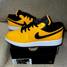 Brand New Air Jordan 1 Low Gs University Gold 4.5y/ Women Size 6 7y/ Women Size 8.5 Yellow Low-top Synthetic Jordan Shoes, Low-top Yellow Synthetic Jordan Shoes, Yellow Synthetic Skate Shoes With Round Toe, Yellow Synthetic Round Toe Skate Shoes, Jordan 1 University Gold, Gold Outfit, Womens Jordans, Air Jordan 1 Low, Jordan 1 Low