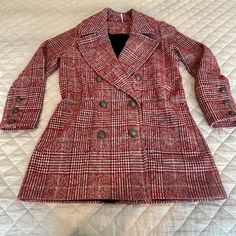 Free People Double Breasted Pea Coat. Red/Black/Cream Mini-Houndstooth/Tweed Woven Fabric. Polyester And Wool. Very Good Condition As Worn Only A Handful Of Times. Fits Like A Size 12 To 14. Hits Above The Knee On 5' 8" Me. Roomy Pockets. Hangs Nicely/Cut Fairly Straight (I.E., Does Not Hang Away From The Body Towards Hemline As Some Coats Do). Extra Button. Red Tweed Winter Workwear Jacket, Red Tweed Jacket For Work In Winter, Red Tweed Jacket For Fall Workwear, Red Tweed Jacket For Work, Fall Season, Red Tweed Winter Jacket, Red Single Breasted Tweed Jacket For Fall, Red Single-breasted Tweed Jacket For Fall, Red Long Sleeve Tweed Jacket For Winter, Red Long Sleeve Tweed Jacket For Fall