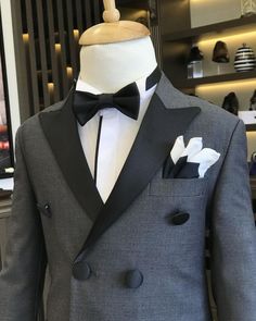 Dark Gray Slim Fit Double Breasted Tuxedo Suit | Two Piece Boys Suit Elegant Slim Fit Long Sleeve Sets, Elegant Long-sleeved Slim Fit Sets, Elegant Long Sleeve Slim Fit Set, Elegant Gray Long Sleeve Sets, Fitted Double-breasted Tuxedo In Suiting Fabric, Fitted Long Sleeve Double Breasted Suit For Parties, Elegant Fitted Three-piece Suit, Fitted Long Sleeve Sets For Semi-formal Occasions, Fitted Double-breasted Tuxedo Suit With Long Sleeves