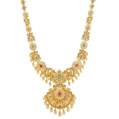 This wonderful gold temple jewelry necklace features a lush assortment of colorful stones and an engraved traditional Indian design that includes beautiful peacock birds. The elaborate design and style of this long 22k gold necklace makes it perfect for adorning bridal and traditional gowns. Features • 22k yellow gold • Cubic zirconia • Emerald • Engraved details • Pearls • Ruby As a leading gold Indian jewelry store in the USA, we are proud to offer a wide selection of beautiful Indian gold jew Luxury Yellow Gold Emerald Temple Necklace, Luxury Temple Necklace In Yellow Gold With 17 Jewels, Luxury Multicolor Temple Necklace For Women, Luxury Yellow Gold Temple Necklace For Celebration, Luxury Yellow Gold Round Temple Necklace, Luxury Spiritual Yellow Gold Temple Necklace, Luxury Hallmarked Yellow Gold Temple Necklace, Luxury Yellow Gold Temple Necklace For Festivals, Luxury Yellow Gold Temple Necklace For Anniversary