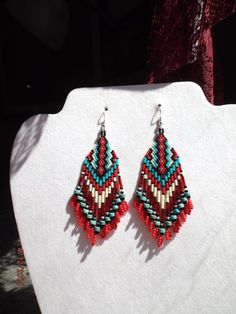 Made to Order Native American Beaded by BeadedCreationsetc on Etsy Red Southwestern Dangle Earrings, Southwestern Red Dangle Earrings, Southwestern Style Red Dangle Earrings, Southwestern Red Beaded Earrings With Dangling Beads, Southwestern Red Beaded Dangling Earrings, Southwestern Red Earrings With Colorful Beads, Red Southwestern Style Earrings With Round Beads, Southwestern Red Earrings With Dangling Beads, Southwestern Style Red Earrings With Dangling Beads