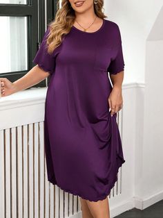 Plus Size Solid Color Short Sleeve Pocket Patchwork Nightgown Red Violet Casual-Woman  Short Sleeve Knitted Fabric Plain  Medium Stretch Summer Women Plus Sleep and Lounge, size features are:Bust: ,Length: ,Sleeve Length: Casual Purple Sleepwear With Relaxed Fit, Purple Short Sleeve Sleepwear At Affordable Price, Purple Short Sleeve Nightgown For Bedtime, Cheap Purple V-neck Sleepwear, Purple V-neck Sleepwear, Big Hair Bands, Curling Hair With Wand, Textured Leggings, Sleep Dress