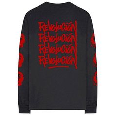 Revolution (Back & Arm Print) Long Sleeve Urban Graphic Tops For Fall, Urban Graphic Design Tops For Fall, Urban Tops With Text Print For Fall, Urban Style Text Print Tops For Fall, Urban Text Print Tops For Fall, Band Merch Tops With Text Print For Fall, Red Long Sleeve Band Merch Top, Urban Long Sleeve Top With Back Print, Winter Streetwear Top With Text Print