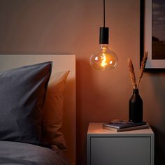 a light bulb hanging over a bed next to a night stand with a plant in it