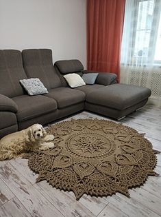 a dog laying on the floor in front of a sectional couch with a crocheted rug