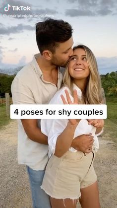 a man and woman hugging each other with the caption 4 poses for shy couples