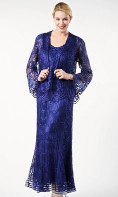 This elegant three-piece evening dress features scallop hem lines, with gentle draping designed to flatter a woman’s curves. Top and dress lined with soft silk for extra comfort, and unlined jacket highlight Soulmates signature hand-embroidered beading. Hem is designed for ease of alterations, so it could be shortened without changing the look of the dress. 100% Silk Hand-made Fully-lined Dry Clean Imported Tea Length Dress, Mother Of Bride Outfits, Mother Of The Bride Gown, Terani Couture, Scallop Hem, Mob Dresses, Column Gown, Long Sleeve Sequin, Column Dress