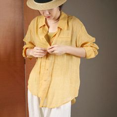 Comfortable, One of Kind. Blouses online shop,|Elegant|Ramie|Regular|Long Sleeve|Lapel|Solid Color|Yellow|White|Gray|Bean Green|S|L|Spring/Fall|Hand Wash|Peacock Blue Yellow Summer Blouse With Pockets, Yellow Blouse With Pockets For Summer, Yellow Relaxed Fit Solid Color Tops, Yellow Relaxed Fit Solid Tops, Summer Beach Blouse With Pockets, Yellow Solid Color Shirt For Summer, Yellow Blouse With Pockets, Summer Yellow Solid Color Shirt, Long Sleeve Blouse With Pockets For Beach