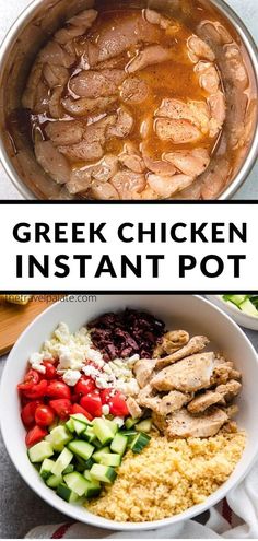 greek chicken instant pot recipe with rice, cucumbers and tomatoes in the bowl