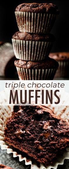 three chocolate muffins stacked on top of each other with the words triple chocolate muffins above them