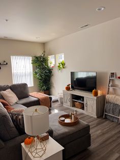 a living room filled with furniture and a flat screen tv sitting on top of a wooden table