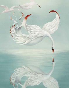 a painting of two white birds with red beaks flying over the water and one bird has its wings spread out