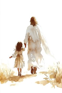 a watercolor painting of a mother and daughter walking in the desert