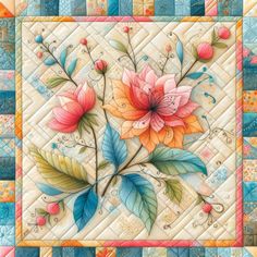 a quilted wall hanging with flowers and leaves on the front, in pastel colors