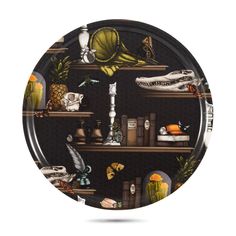 an image of a plate with many different things on the shelf in front of it