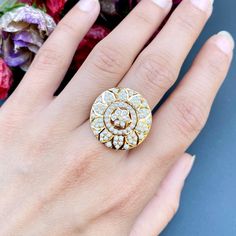 Made in 22ct hallmarked gold and studded with freshwater pearls, this jadau gold ring is perfect for any day or evening wear social gathering. Weight - 5.8 GMs Dimensions - 2.5 x 2.5 cm Price Breakup Summary Component Rupees % of Total 22k Gold 27,984 75.3% Stones & Beads 2,112 5.7% Making Charges 5,037 13.5% Taxes (GST) 1,054 3.0% Total 37,187 100.0% View Detailed Price Breakup Elegant Gold Ring With Stone Work, Gold Kundan Rings In Temple Jewelry Style, Elegant Gold Kundan Rings, Gold Plated Gemstone Wedding Rings, Round Diamond Jewelry With Meenakari, Gold Wedding Rings With Stone Work, Gold Rings With Stone Work For Wedding, Yellow Gold Temple Jewelry Rings For Formal Events, Formal Yellow Gold Temple Jewelry Rings