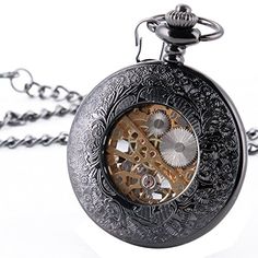 Product description: You're looking for the perfect pocket watch and you've found it! Our Skeleton Pocket Watch is a classic half hunter case design with unique 12-little-window hollow case, so you can see every index clearly without opening the cover. The black pocket watch is all-match fashion design, making it a conversation piece and compliments receiver. Plus, it's battery needless mechanical hand-wind 17 jewel movement will keep accurate time for up to 24 hours. It also comes with a remova Stainless Steel Pocket Watch With Skeleton Dial For Gift, Steampunk Black Watch For Gift, Steampunk Black Watch As A Gift, Steampunk Black Watch As Gift, Black Steampunk Watch As A Gift, Black Steampunk Watch As Gift, Vintage Black Pocket Watch With Skeleton Dial, Black Metal Pocket Watch As Gift, Black Metal Pocket Watch Gift