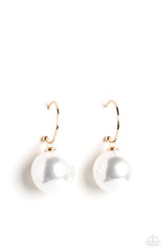 A small, skinny, gold hoop curves around the ear, where a gold ball is affixed to create the look of a barbell. A classic, oversized pearl slides along the hoop, showcasing an over exaggerated elegance. Earring attaches to a standard post fitting. Hoop measures approximately 3/4" in diameter.

 Sold as one pair of hoop earrings. White Pearl Earring, Gold Pearl Earrings, Pearl Hoop Earrings, Paparazzi Accessories, The Ear, Paparazzi Jewelry, Butterfly Earrings, Gold Pearl, Gold Hoop