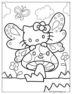 a hello kitty coloring page with flowers and butterflies