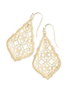 Featuring our most custom of details, the Addie Gold Drop Earrings in Gold Filigree will take any look from simple to stunning. The mixed metals featured in these drop earrings add extra visual interest while still maintaining versatility. Make the Addie Gold Drop Earrings a staple in your wardrobe and you will not be disappointed. Earring Frame, Yellow Gold Drop Earrings, Gold Filigree Earrings, Filigree Jewelry, Kendra Scott Earrings, Filigree Earrings, Earrings In Gold, Gold Filigree, Kendra Scott Jewelry