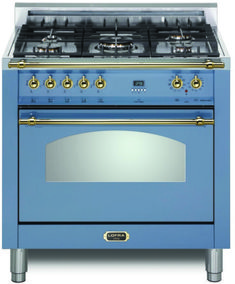 a blue stove top oven with two burners on each side and gold trimmings