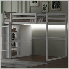 there is a white loft bed with stairs