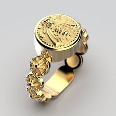 Discover this exquisite Italian Gold ring featuring a stunning reproduction of an ancient Greek Bee coin. This unique piece is not just jewelry; it's a work of art, handcrafted to order with the utmost care and precision. Product Details: *Material: Available in your choice of 14k or 18k Italian Gold *Coin: A faithful reproduction of an ancient Greek Bee coin, symbolizing industry, cooperation, and the sweet rewards of hard work. *Design: The coin is skillfully set into the ring, creating a seamless blend of classical elegance and modern craftsmanship. *Customization: Each ring is made to order, allowing you to select your preferred gold purity for a truly personalized piece. *Timeless Beauty: This ring combines the rich history of ancient Greece with the timeless allure of Italian Gold, m Luxury Gold Jewelry With Historical Design, 14k Gold Byzantine Round Ring, 14k Gold Byzantine Style Rings, 14k Gold Byzantine Style Round Rings, Ceremonial 14k Gold Jewelry With Historical Design, Antique Yellow Gold Intaglio Jewelry, Luxury Yellow Gold Signet Ring With Intricate Design, Elegant Gold Engraved Ring With Historical Design, Yellow Gold Byzantine Style Ring