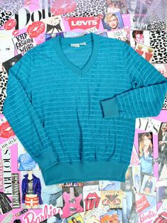 "Pre Loved Great Condition No Stains, Rips or Snags Vintage 80s 90s Brand: Buffums Blue Striped Pullover Sweater Stretchy Material..Similar to a Towel Material..Pile Loops V Neckline Ribbed Elastic Collar,Sleeves & Bottom Hemline Material: 100% Polyester Made in Japan Tag Reads Size Medium Check the Measurements Below Measured Laying Flat Shoulder to Shoulder: 16 Armpit to Armpit: 38\" Around Sleeves: 23 Waist: 37\" Around Length: 23\" Shipping from 3-5 Days No Returns or Exchanges Thank you for Polyester Sweater, Preppy Skirt, Preppy Tops, Womens Pleated Skirt, Monogram Outfit, Pink Trousers, Retro Stuff, Wool Mini Skirt, Striped Pullover