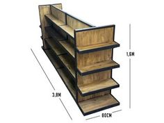 an image of a wooden shelf with three shelves on each side and measurements for the bottom