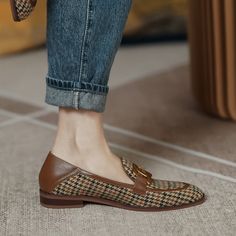 When classic plaid pattern combined with modern design. you get chick and comfy. Item Specification Upper Material: Cotton Fabric & Genuine Leather Lining Material: Wool Insole: Wool Out Sole: Rubber Toe: Round Toe Closure: Slip on Fashion Element: Plaid. Metal Decoration Chic Brown Tassel Loafers With Round Toe, Trendy Tassel Loafers With Round Toe For Fall, Casual Tassel Loafers With Round Toe For Fall, Casual Flat Tassel Loafers For Fall, Casual Tassel Loafers For Fall, Chic Fall Tassel Loafers, Casual Tassel Loafers With Almond Toe For Fall, Fall Office Slip-on Tassel Loafers, Fall Office Tassel Loafers Slip-on