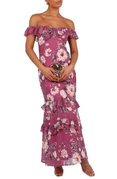 Enchant from every angle in this romantic floral maxi dress with a ruffle-wrapped scoop neckline that converts to a sultry off-the-shoulder option. Hidden side-zip closure Scoop neck converts to off-the-shoulder neck Cap sleeves Lined 100% polyester Hand wash, line dry Imported Dark Rose, Cutout Maxi Dress, Cap Dress, Women's Evening Dresses, Maxi Dress Evening, Ruffled Maxi Dress, Floral Ruffle, Maxi Dress Blue, Cream Dress