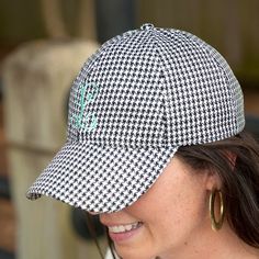 "Our monogram women's houndstooth baseball caps are perfect for running errands, tailgating and great for those bad hair days! Our cap can be monogrammed with a single or triple initial, name. If ordering the three initials please put them in the order you would like them to appear on the hat. Traditionally the order is first, last, middle initial. Baseball caps are so popular - these will have you right on trend. This will prevent any confusion as to how the monogram should be done. Further per Preppy Hat, Preppy Monogram, Monogram Hats, Hat Day, Personalized Hats, Monogram Towels, Custom Caps, Trendy Hat, Womens Baseball Cap