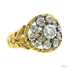 Enchanting Georgian diamond cluster ring featuring Rose cut diamonds in an open work cluster design with engraved floral band, fashioned in 18k yellow gold & silver. Circa 1820. From Doyle & Doyle in New York. Georgian Cluster Ring, Luxury Vintage Ring With Rose Cut Diamonds, Victorian Yellow Gold Cluster Ring With Rose Cut Diamonds, Heirloom Style Flower Ring With Brilliant Cut, Heirloom Flower Ring With Rose Cut Diamonds, Luxury Yellow Gold Flower Ring With Rose Cut Diamonds, Victorian Rose Cut Diamond Promise Ring, Victorian Rings With Rose Cut Diamonds For Promise, Fine Jewelry Diamond Flower Ring With Rose Cut