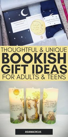 three candles with the words thoughtful and unique bookish gift ideas for adults and teens