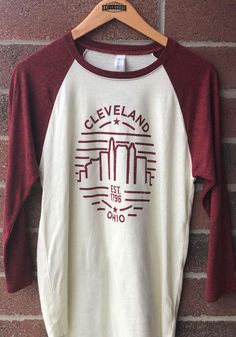 Cleveland Cream Skyline Raglan 3/4 Sleeve Triblend Shirt - 8810016 Heather Crew Neck Top With Graphic Print, Raglan Shirts, Raglan Tee, Cleveland Browns, Fall Style, Baseball Tee, Cleveland, Shirt Design, Autumn Fashion